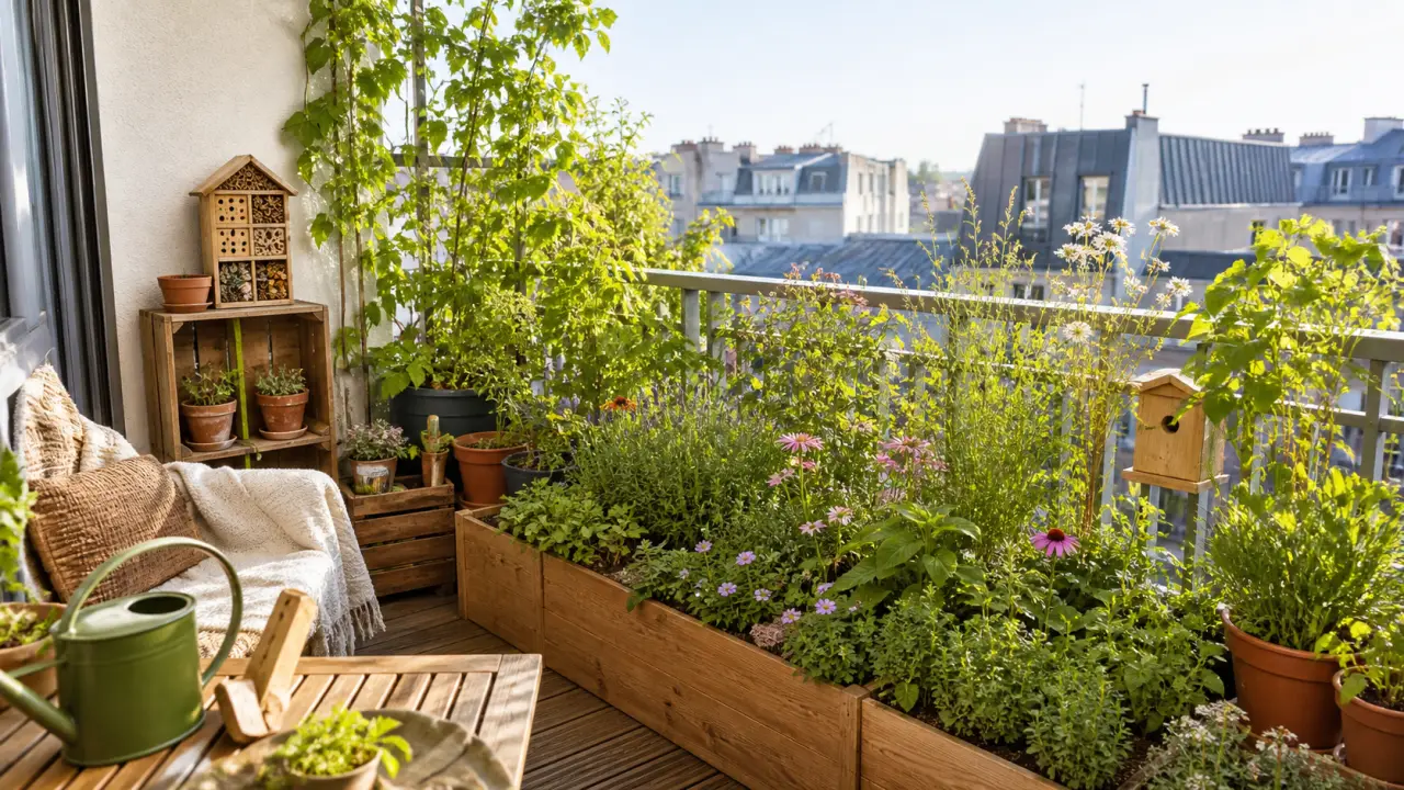 Artisan jardinier rempotant une plante aromatique sur un balcon lumineux