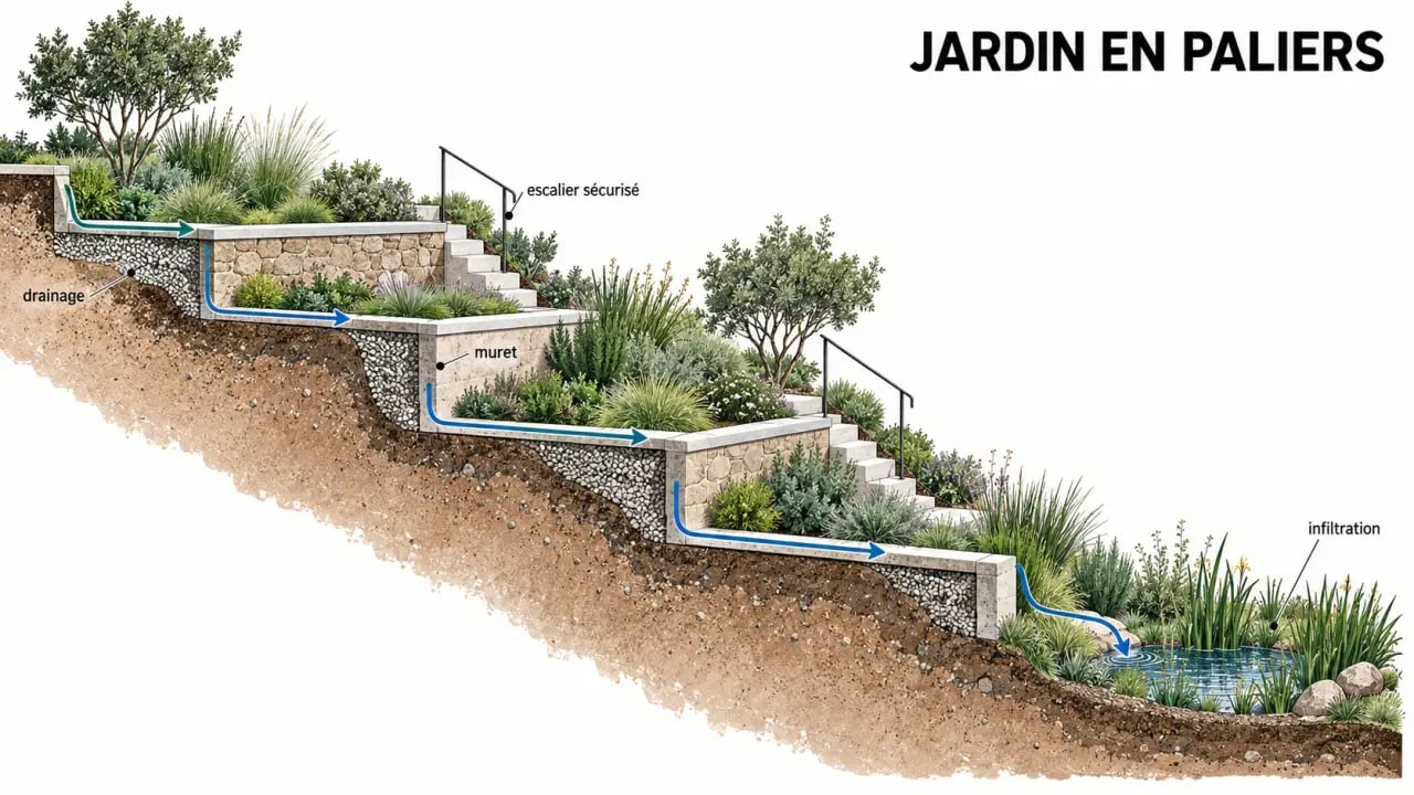 Coupe illustrée d’un jardin en palier avec soutènement, drainage et escaliers