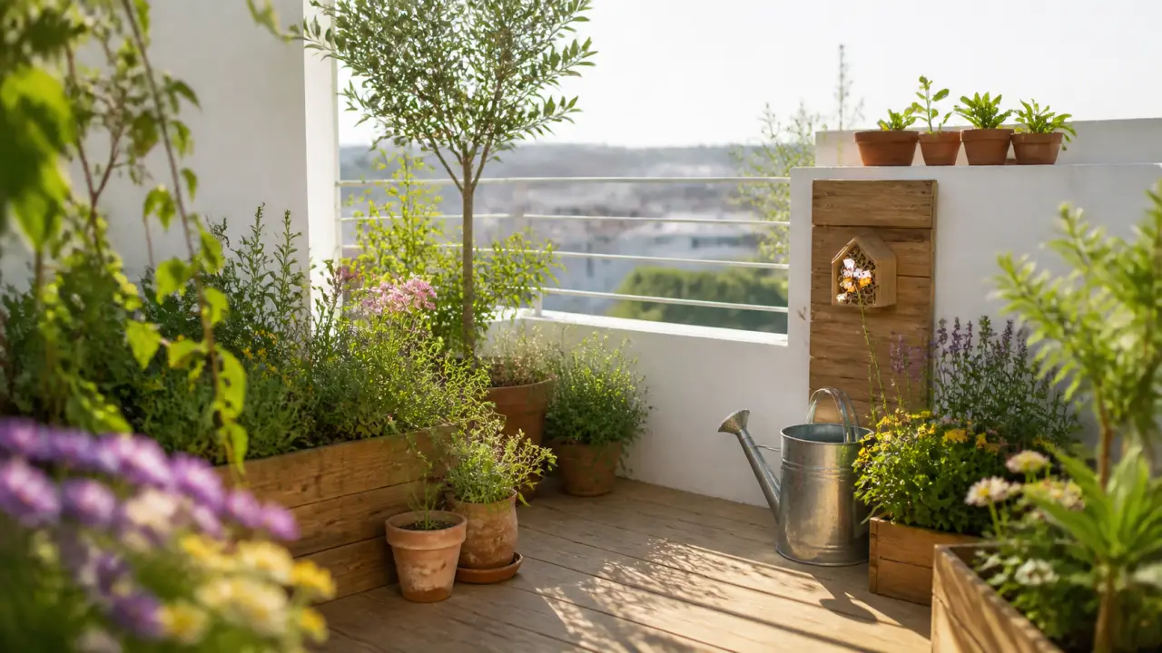 Balcon luxuriant organisé en micro-oasis avec plantes locales, pots en terre cuite et lumière douce de fin de journée