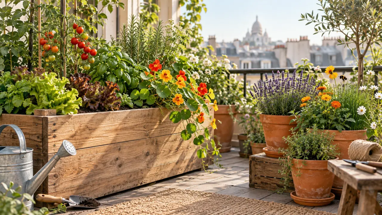 Potager naturel installé sur un balcon avec des bacs en bois et des pots en terre cuite