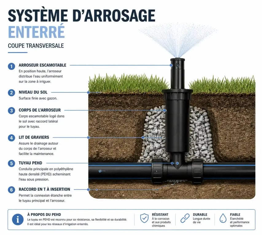 Schéma de fonctionnement d'un kit arrosage automatique pelouse enterré