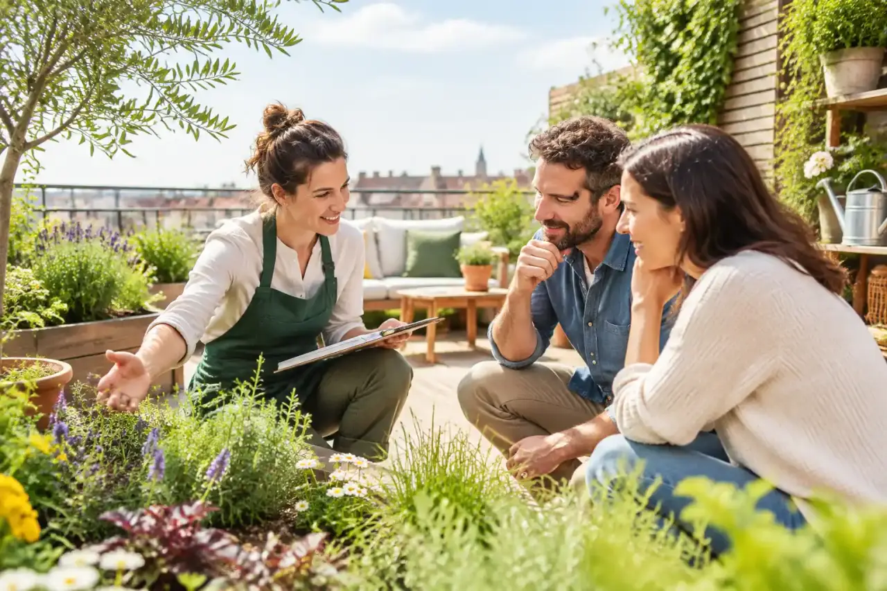 Artisan paysagiste travaillant sur des plantes en pot