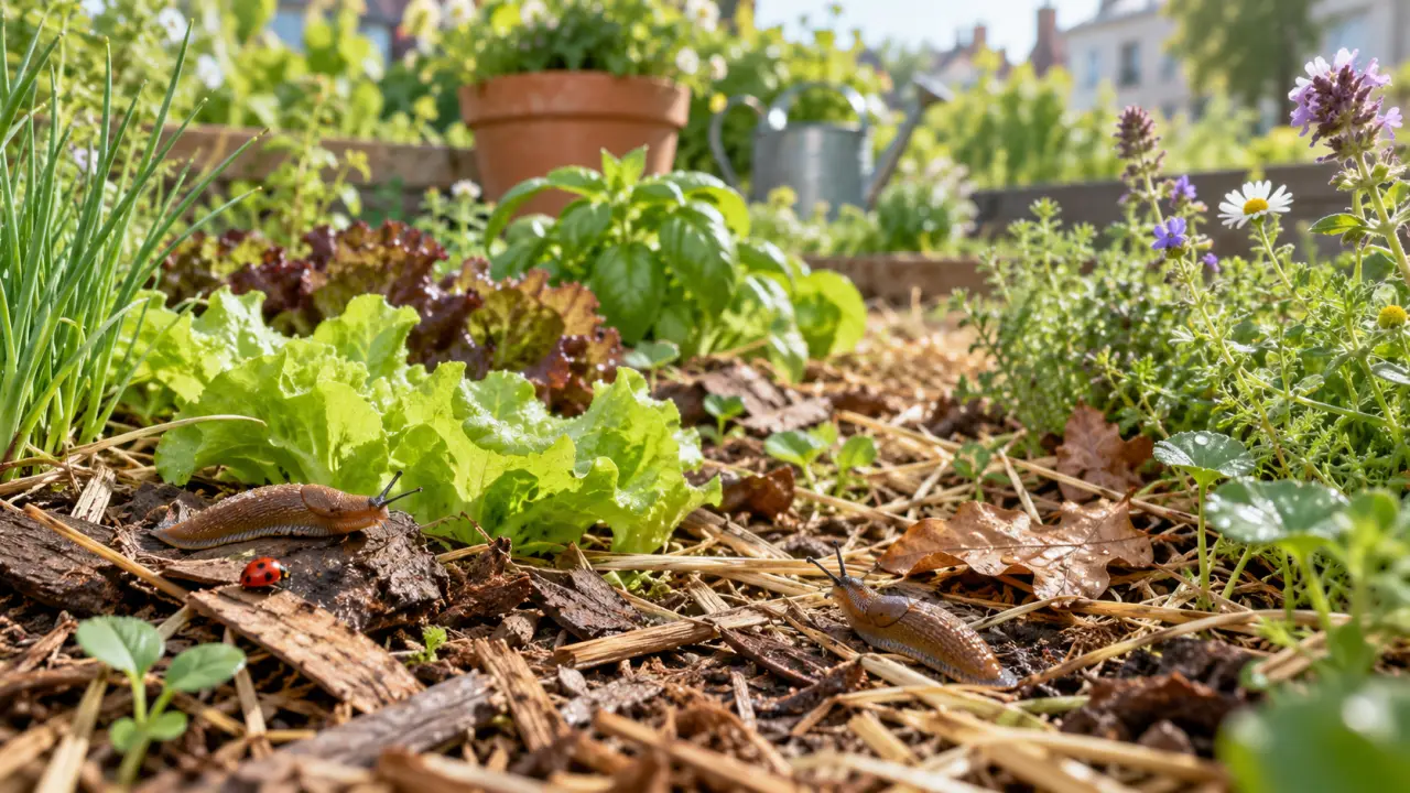 Paillage naturel au pied de jeunes plants dans un jardin vivant