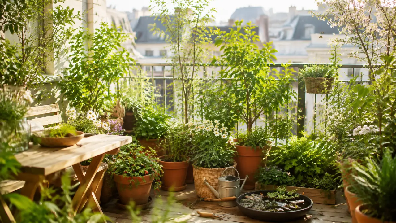 Balcon aménagé comme un petit jardin-forêt avec des plantes comestibles et des essences locales