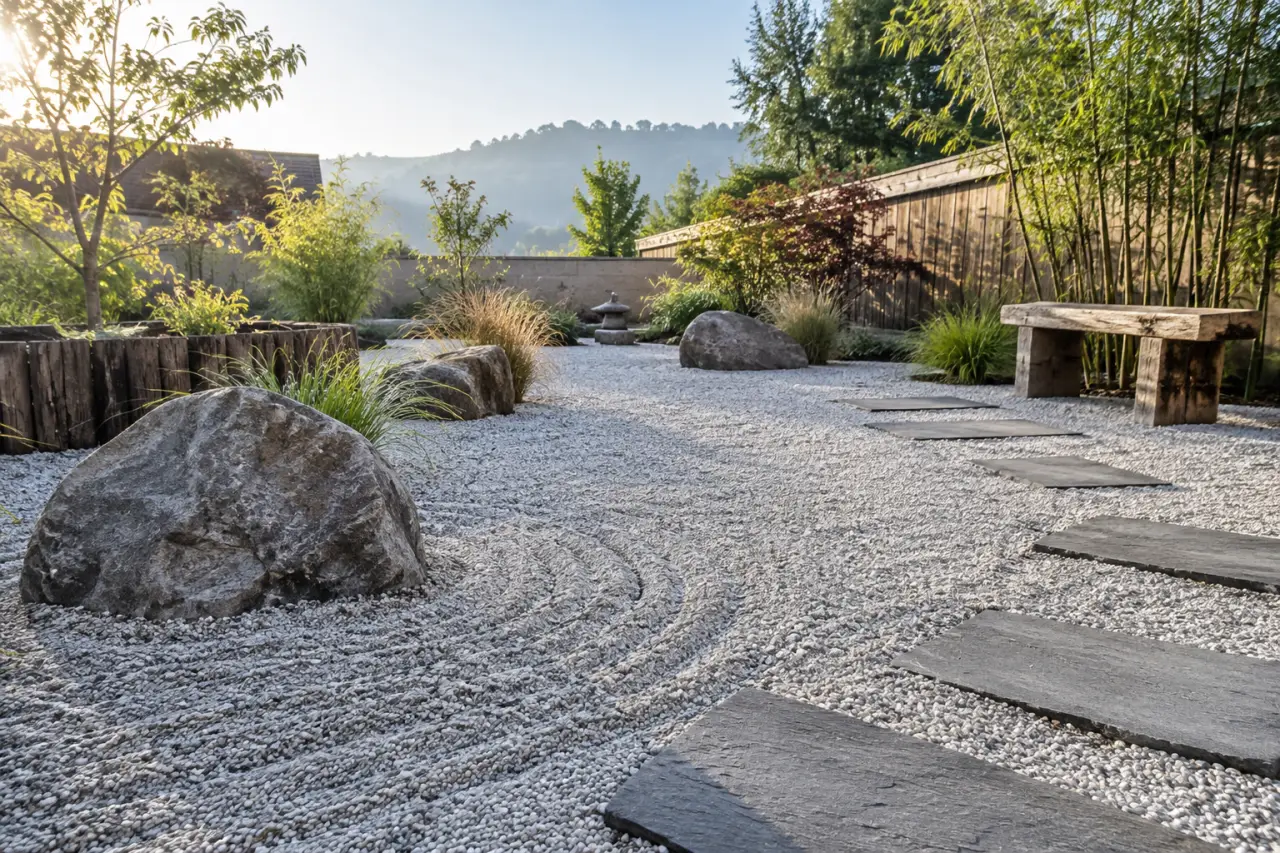 Un jardin zen extérieur pas cher, avec du gravier, des pierres et du calme