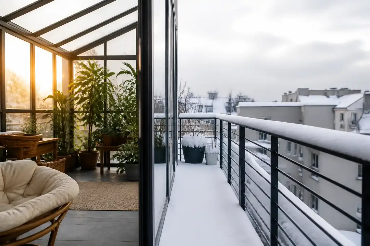 Serre bioclimatique en bois installée sur une terrasse urbaine en hiver, entourée de plantes protégées du gel