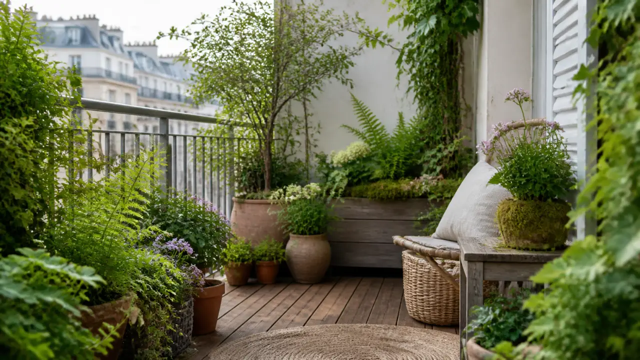 Balcon plein nord aménagé avec des plantes d’ombre, des pots en terre cuite et une ambiance naturelle et chaleureuse