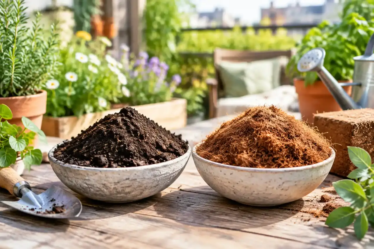 Mélange de différents terreaux et substrats pour plantes en pot