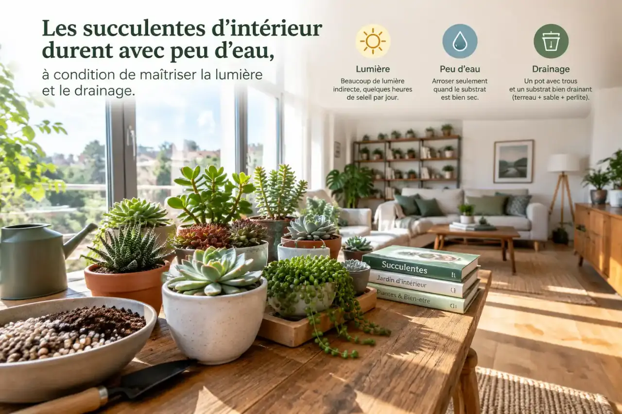 Les succulentes d’intérieur durent avec peu d’eau, à condition de maîtriser la lumière et le drainage