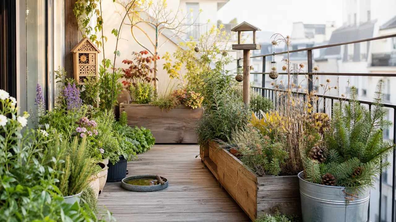 Artisan jardinier rempotant une plante aromatique sur un balcon verdoyant