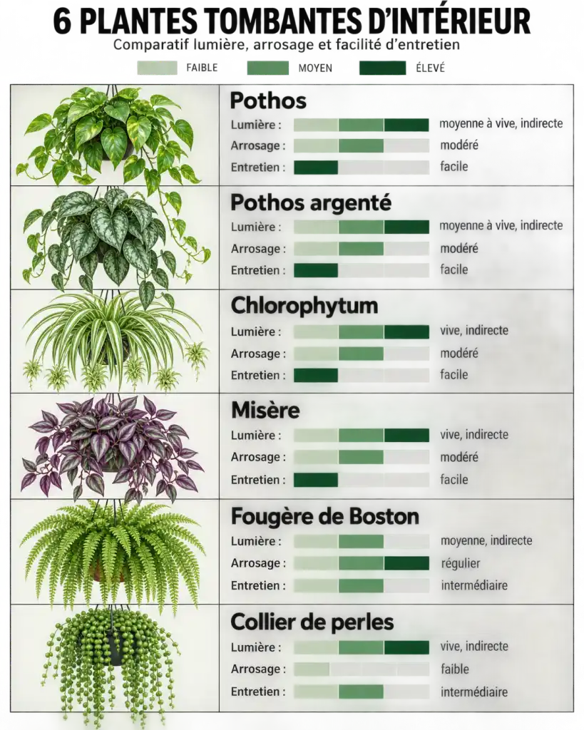 Plante tombante intérieur : comparaison de six variétés selon la lumière, l’arrosage et la difficulté d’entretien