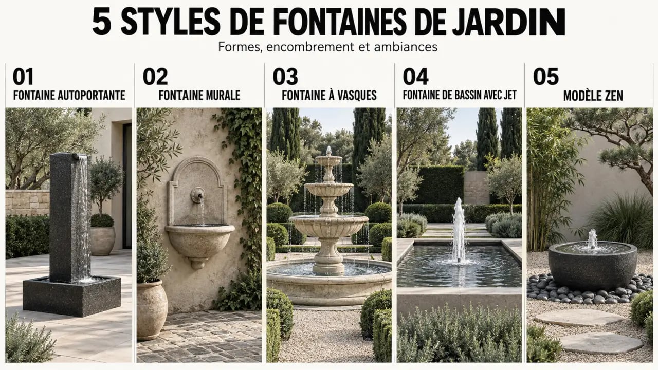 Infographie des styles de fontaine décoration jardin : autoportante, murale, à vasques, de bassin et zen