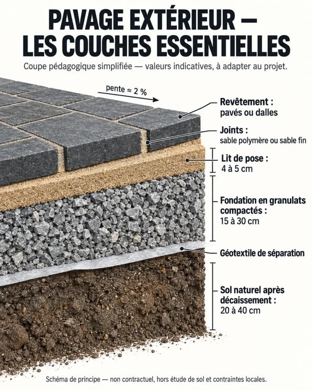 Schéma des couches de pose pour un pavage dallage extérieur