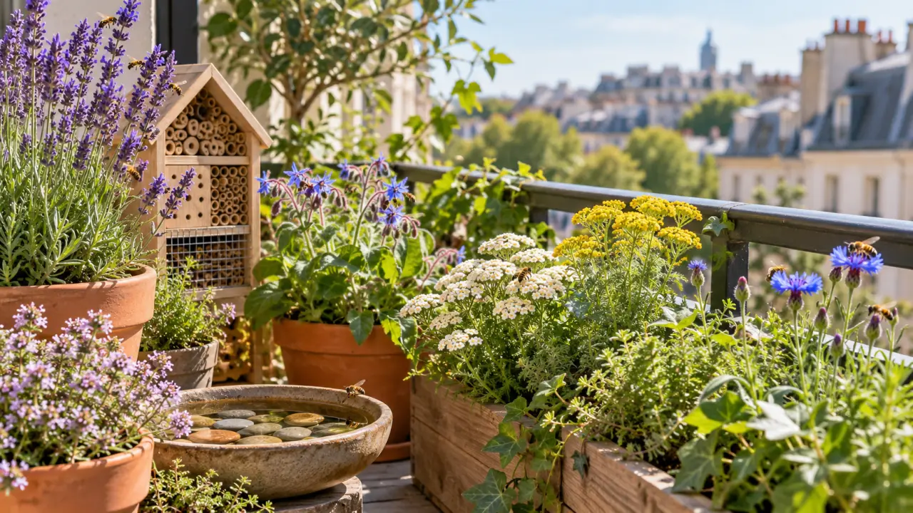 Balcon fleuri composé de plantes mellifères attirant les abeilles