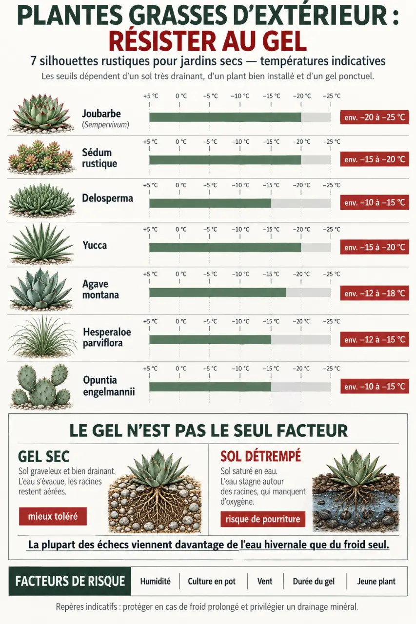 Infographie des plantes grasses d’extérieur qui ne gèlent pas et de leur résistance indicative au froid