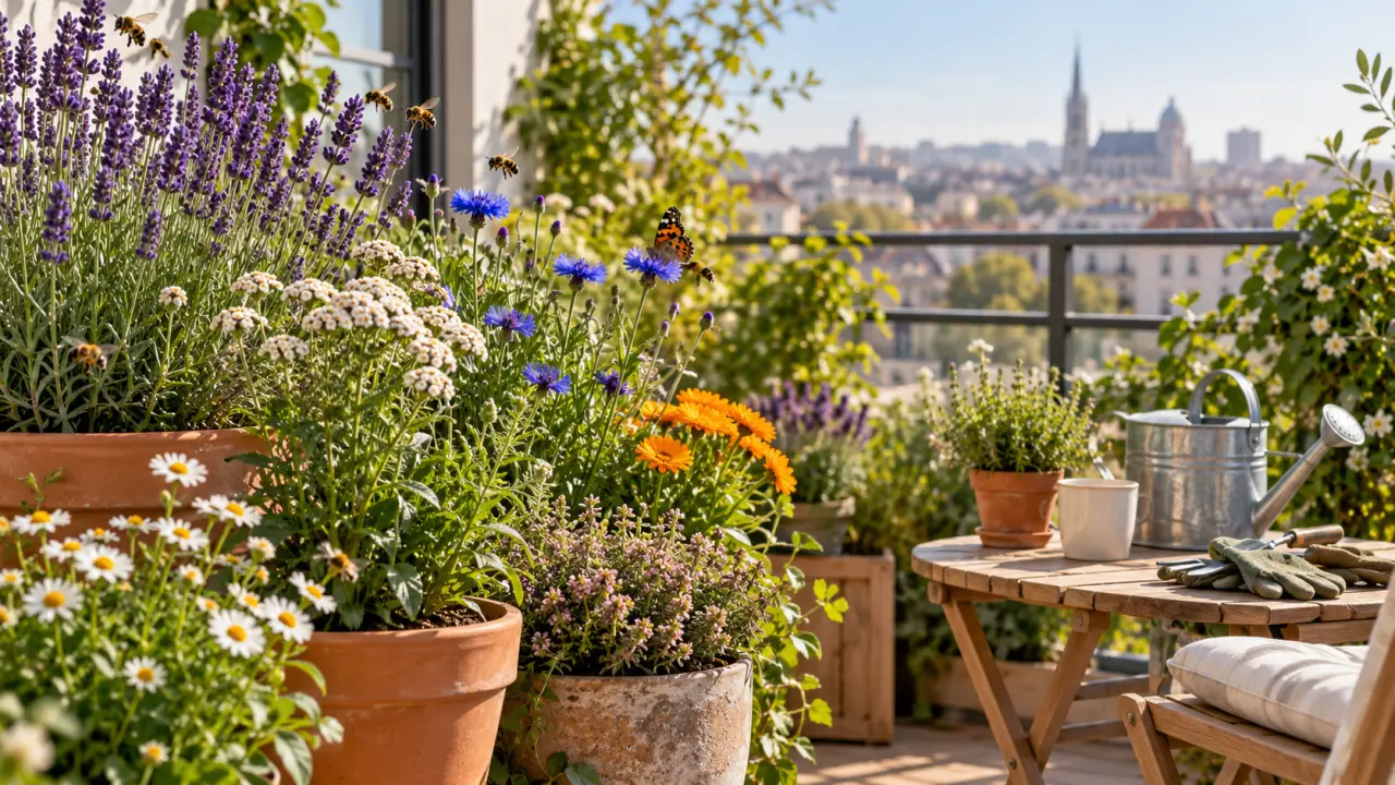Balcon fleuri composé de plantes mellifères et aromatiques attirant les pollinisateurs