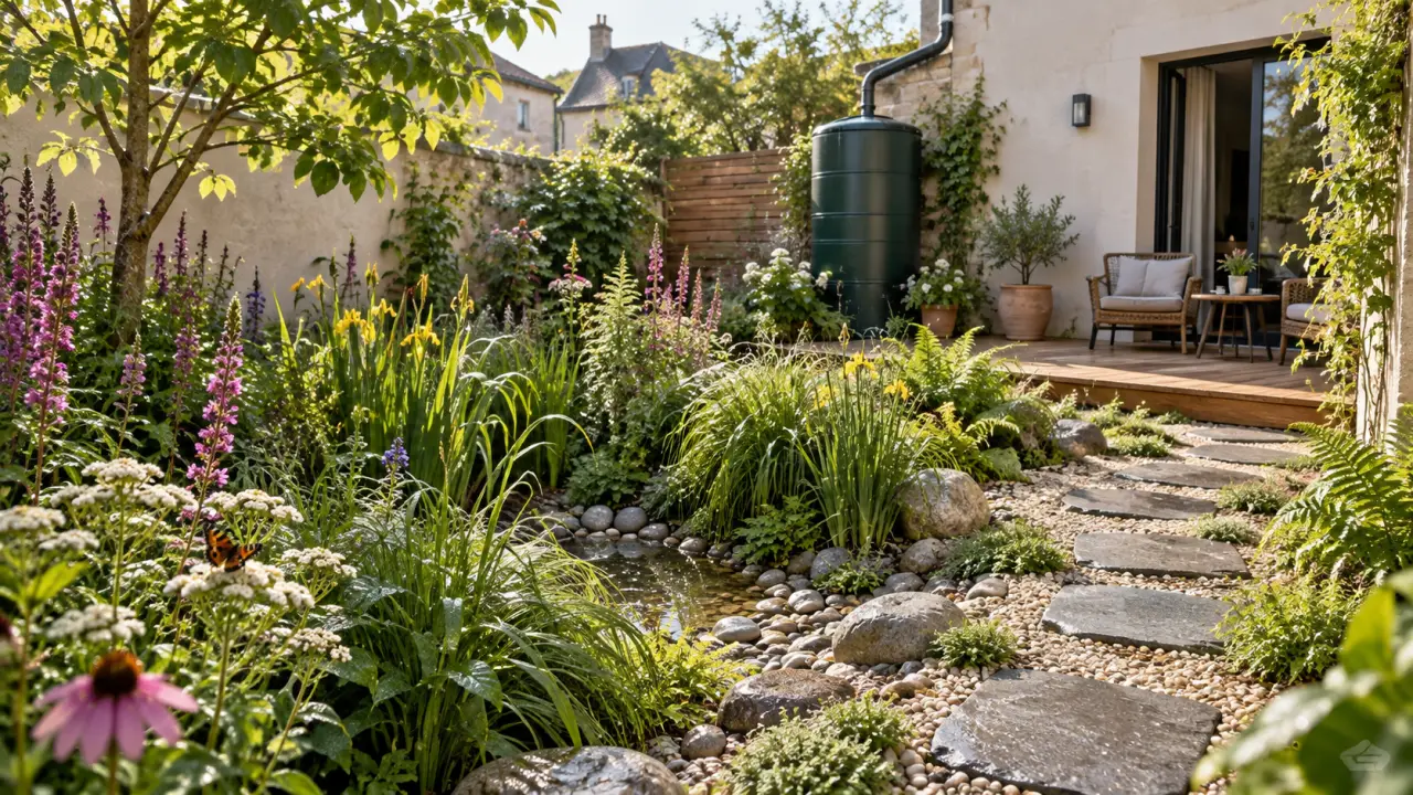 Petit jardin de pluie paysager avec des plantes locales et des galets