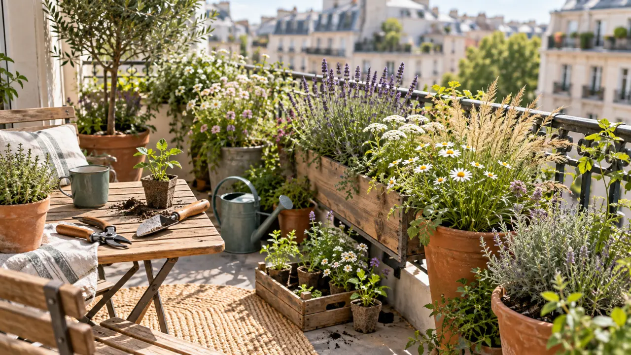 Balcon végétalisé avec des plantes locales dans des pots en terre cuite