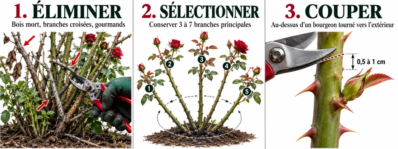 Tailler rosiers buissons : étapes de suppression du bois mort et coupe au-dessus d’un bourgeon extérieur