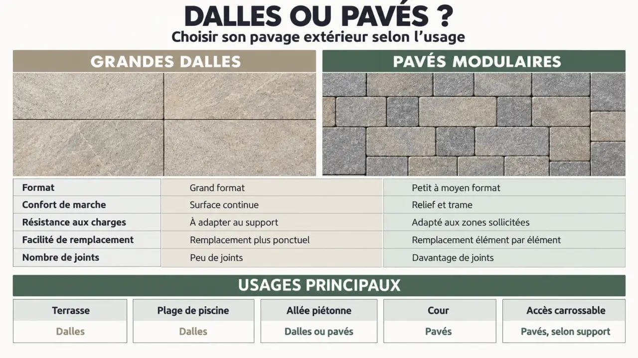 Infographie comparative sur le pavage dallage extérieur selon les usages et la résistance