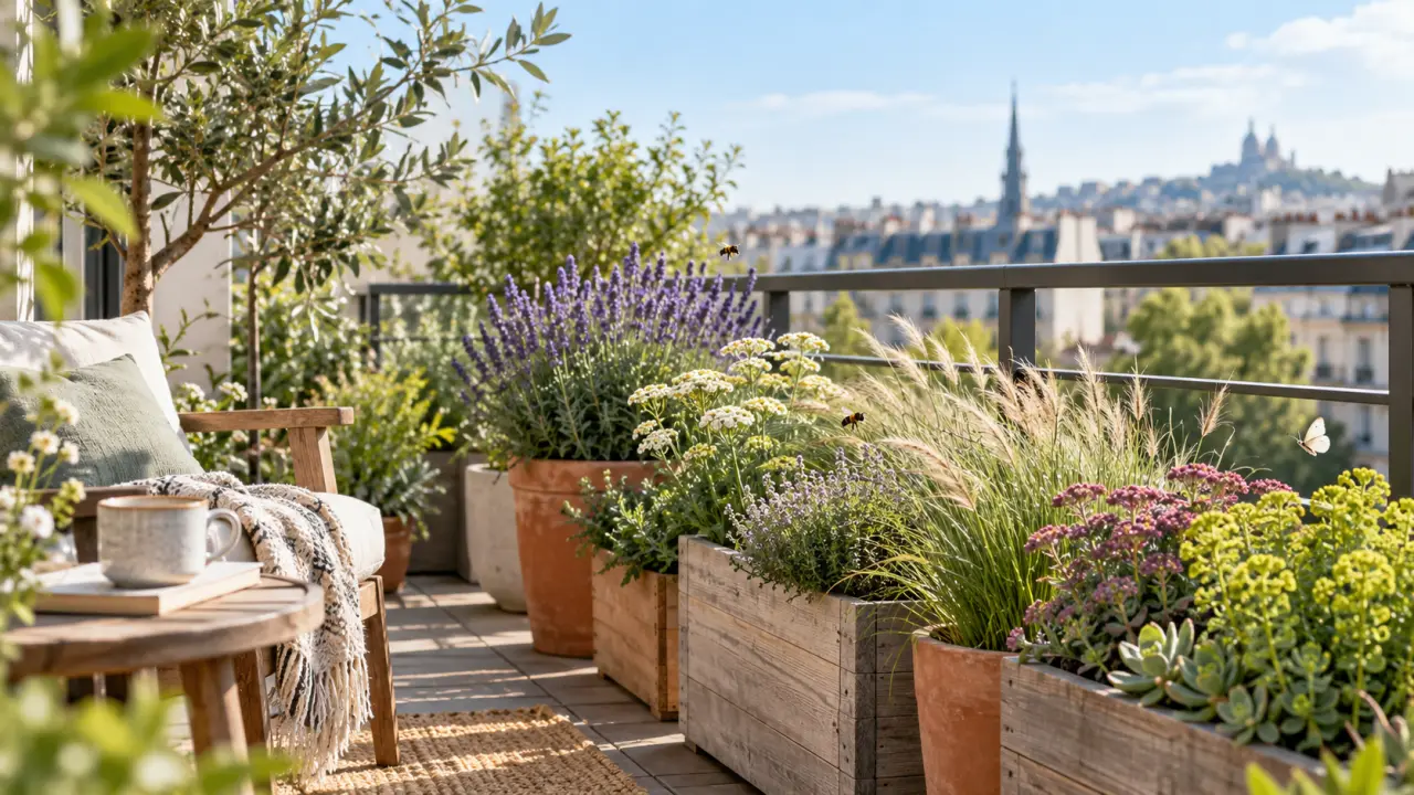 Balcon végétalisé avec des plantes locales résistantes au vent