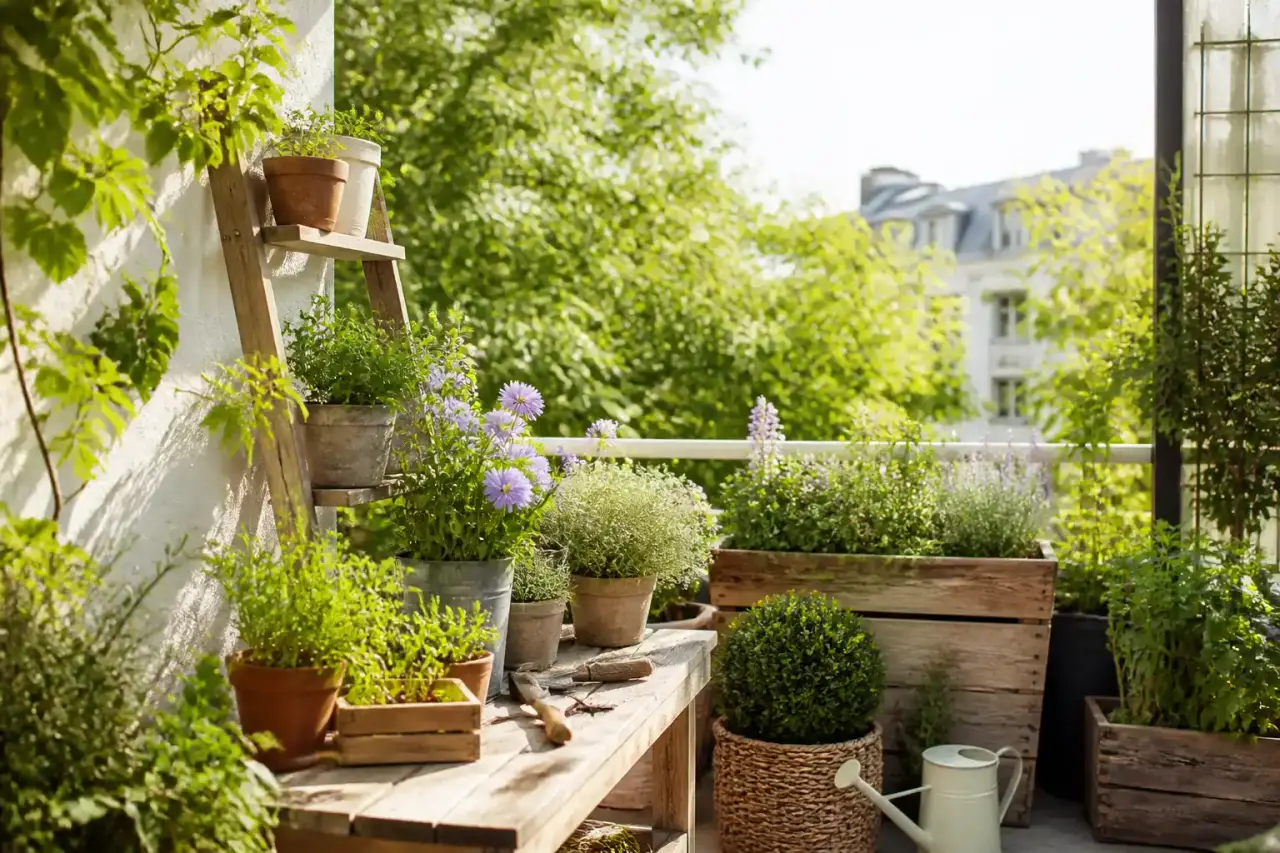 Aménagement paysager naturel et harmonieux sur une terrasse en bois