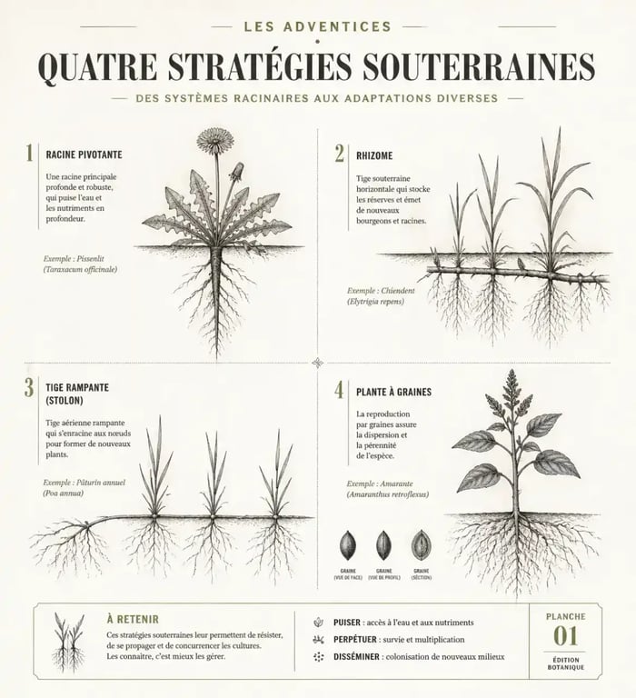 Illustration comparative des systèmes racinaires des mauvaises herbes pour mieux identifier les adventices au jardin
