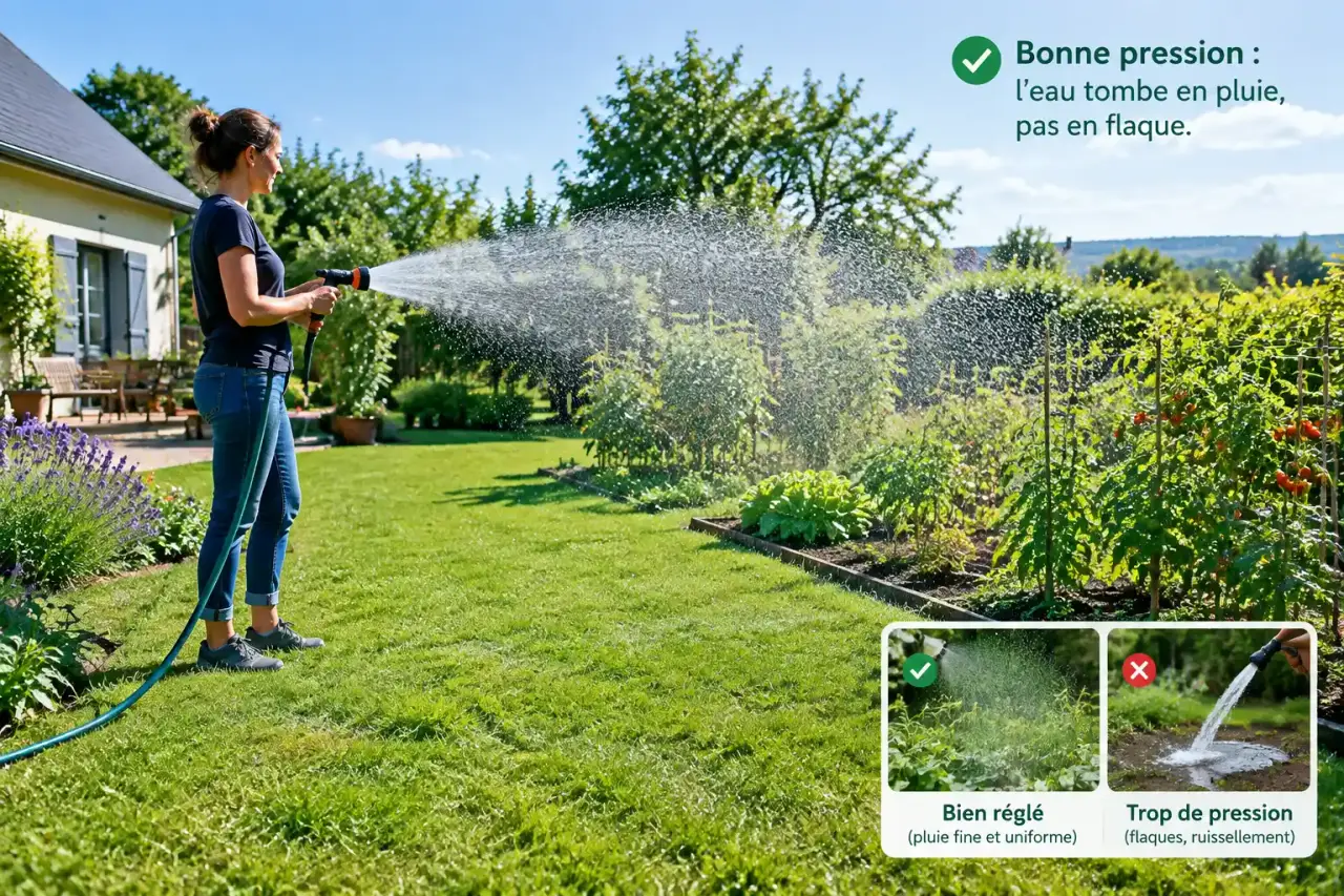 Arroser par aspersion : bien régler la pression pour que l'eau tombe en pluie, pas en flaque