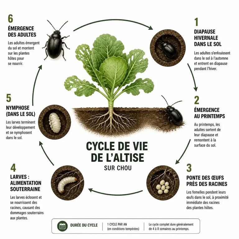 Cycle de vie de l'altise du chou en schéma illustré