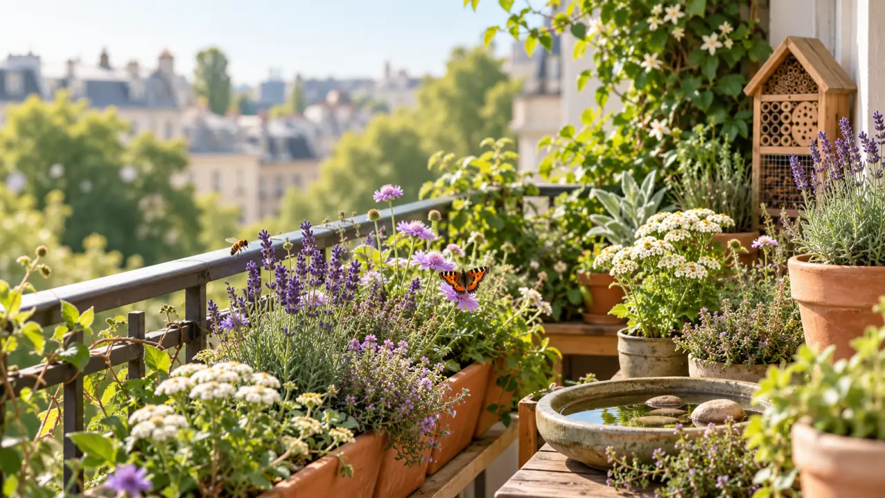 Balcon fleuri aménagé pour accueillir les abeilles et autres pollinisateurs