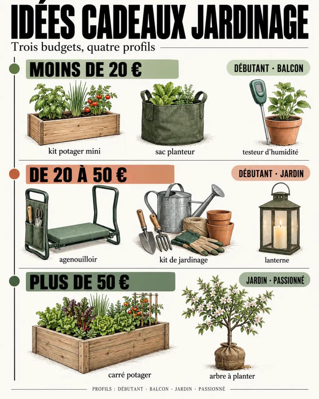 Infographie d’idées de cadeau jardinage classées par budget, profil et espace