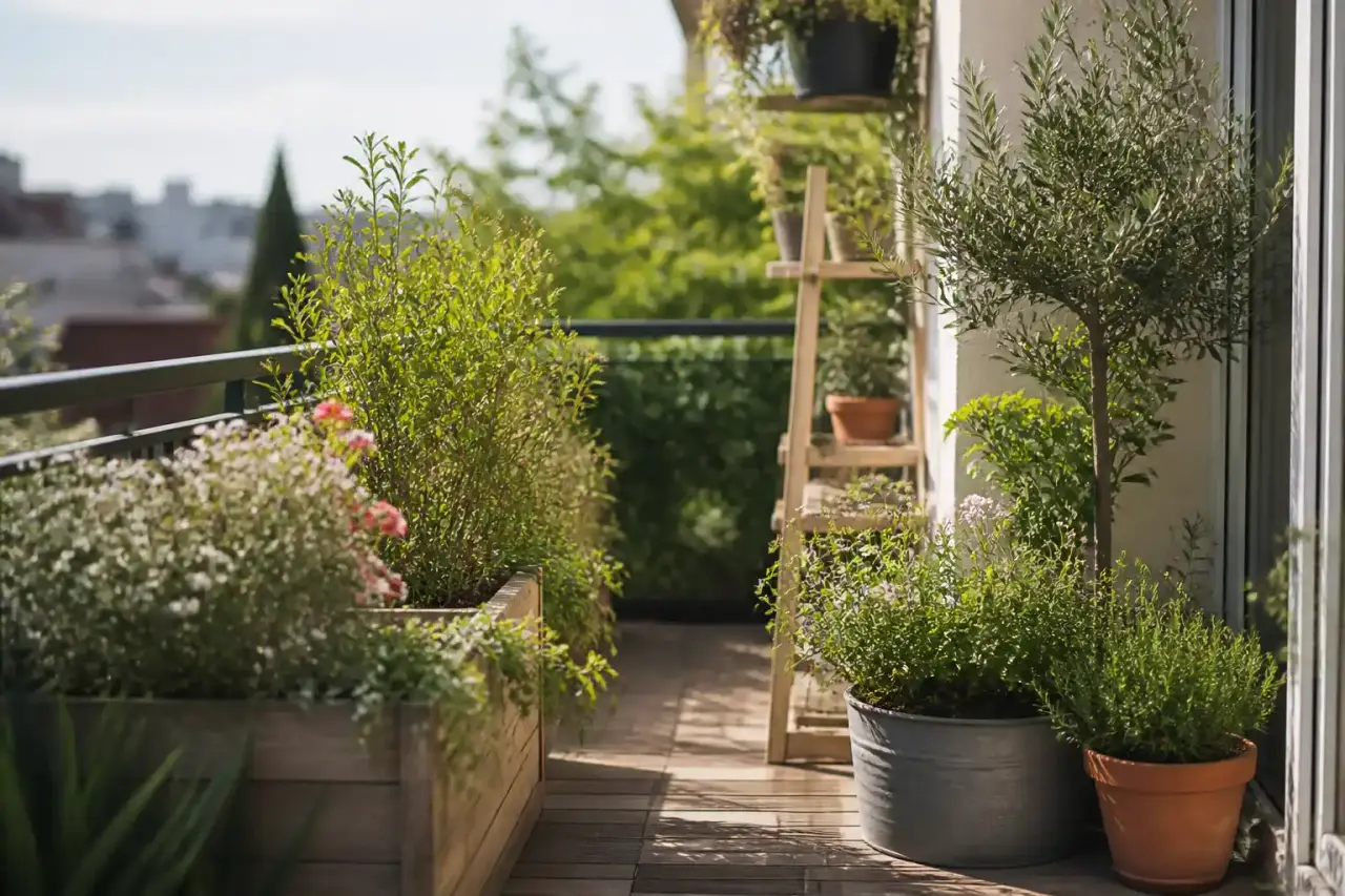 Balcon végétalisé avec plantes locales, pots en terre cuite et lumière douce de fin de journée