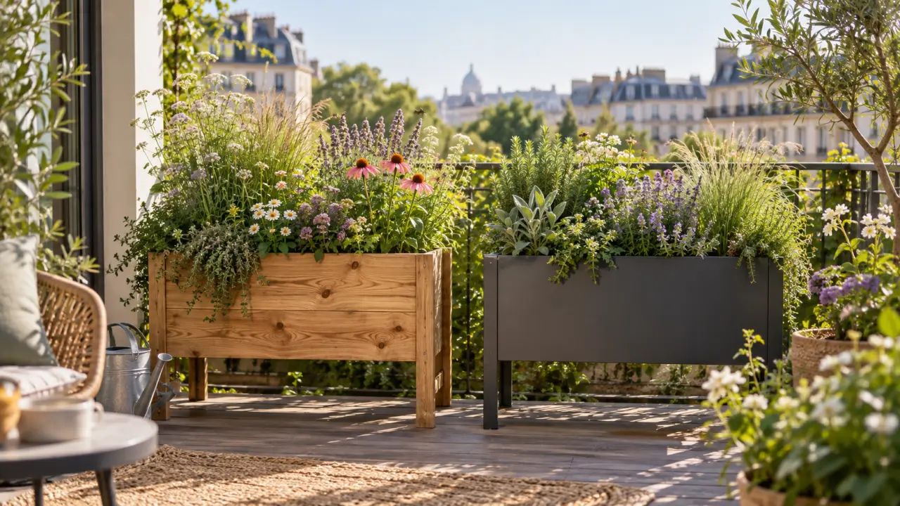 Bacs en bois et en métal accueillant des plantes sur un balcon végétalisé