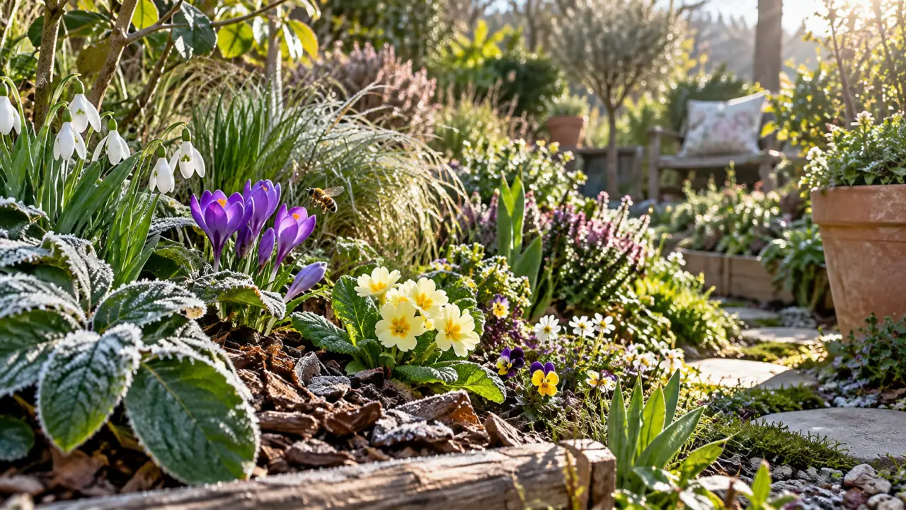 Jardin résilient traversant l'hiver, avec plantes vivaces et premières floraisons printanières