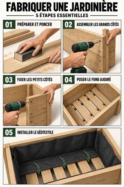 Étapes de fabrication d’une jardinière en bois fait maison avec fond ajouré et géotextile