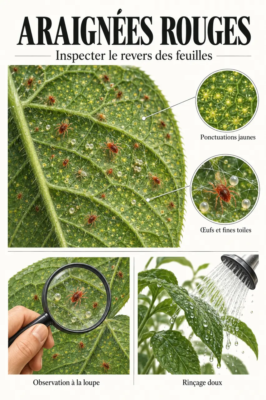Araignées rouges sur plantes : symptômes, acariens et inspection du revers des feuilles