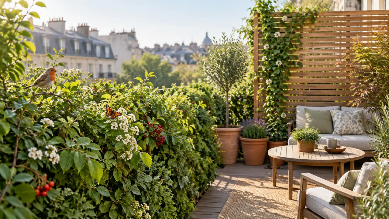 Une haie champêtre luxuriante mêlant différentes essences locales sous une lumière douce