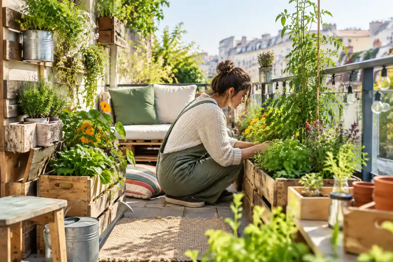 Balcon végétalisé avec des contenants et du mobilier issus du réemploi