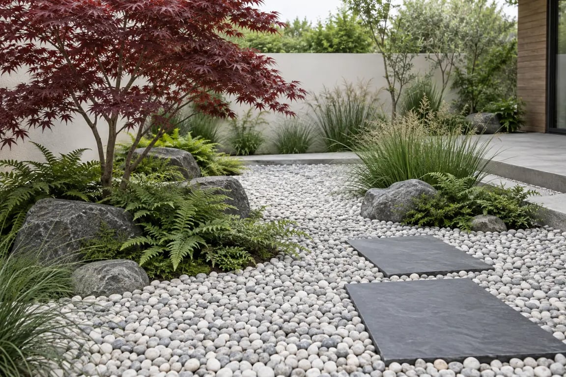 Idee déco massif avec galets roulés dans un jardin zen