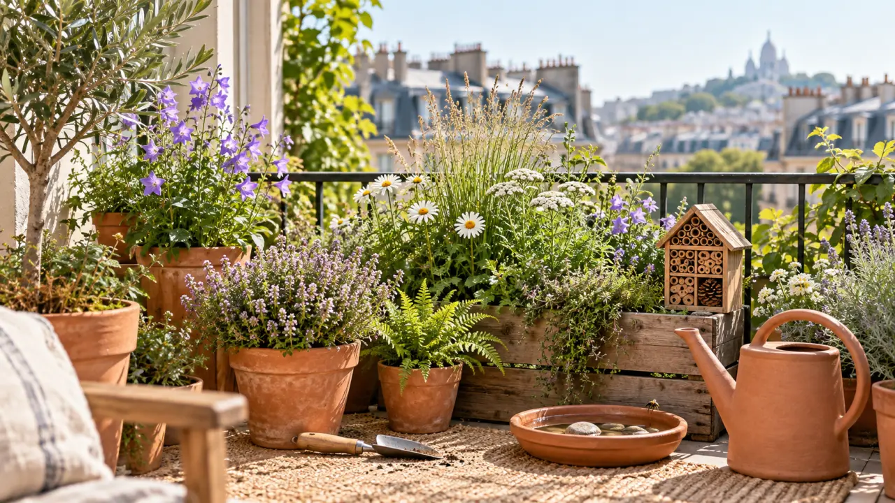 Balcon aménagé avec des plantes locales dans des pots en terre cuite