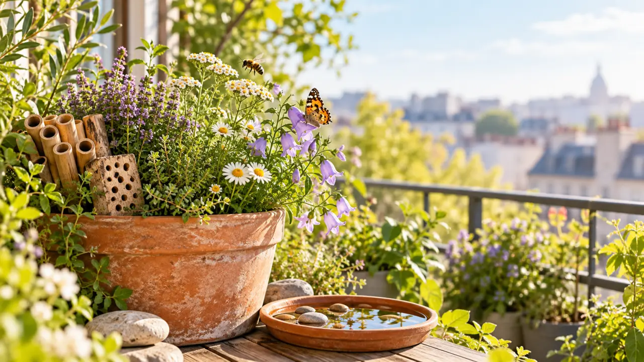 Pot fleuri accueillant des abeilles et des papillons sur une terrasse