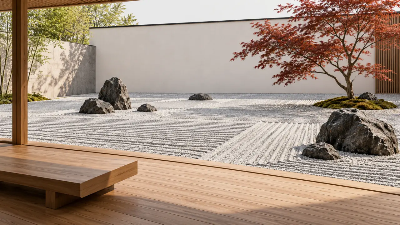 Décoration jardin zen sec avec gravier ratissé, rochers et érable du Japon