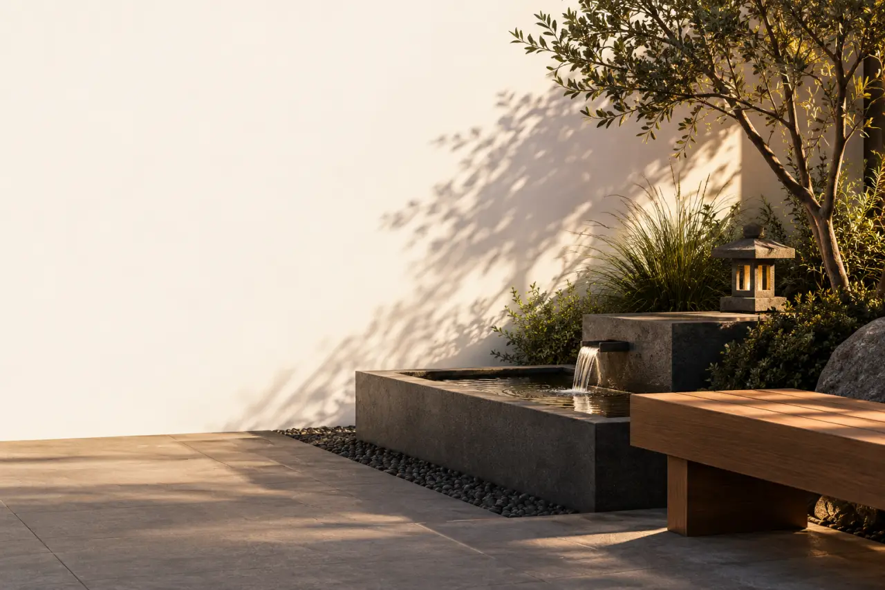 Décoration jardin zen avec fontaine discrète, lanterne et éclairage doux