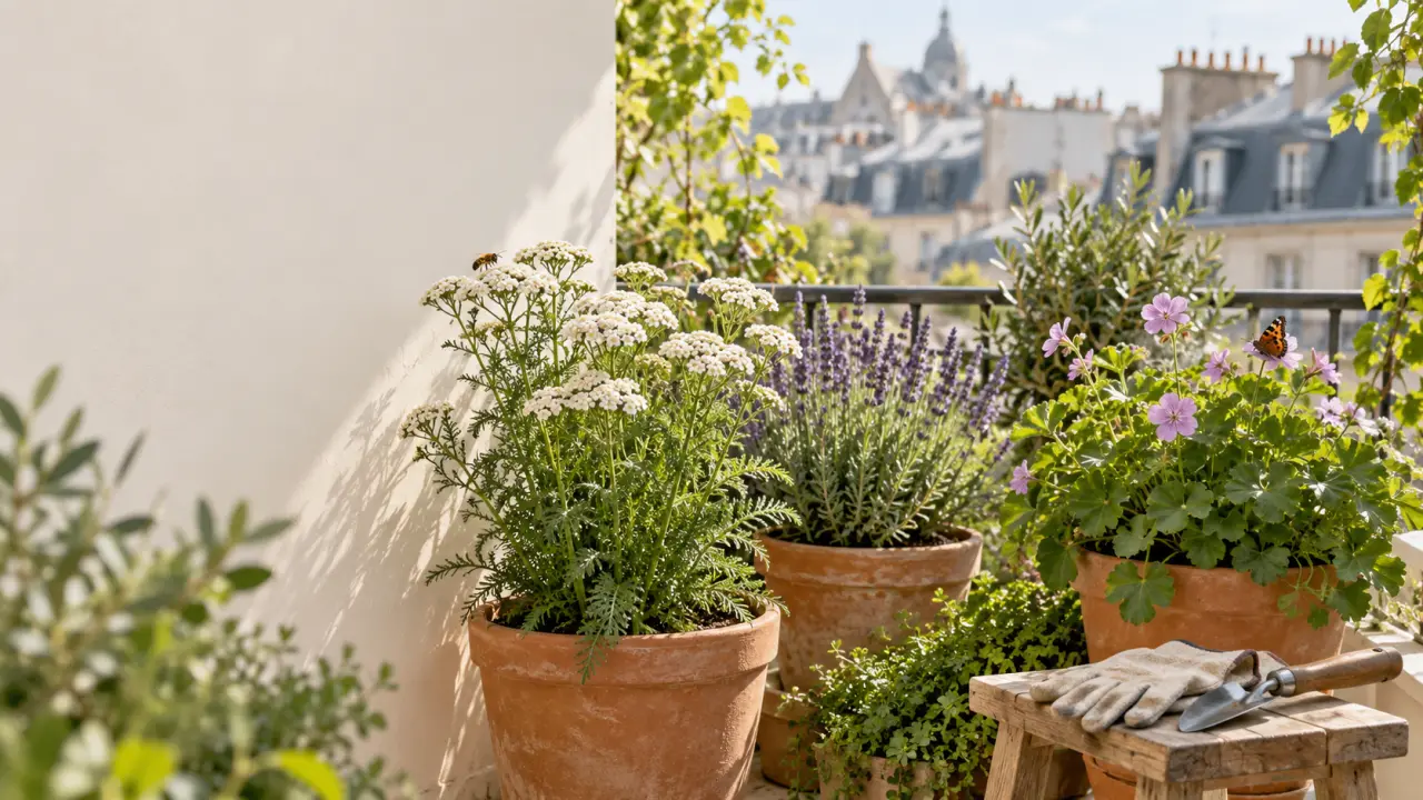 Balcon végétalisé avec trois plantes locales dans des pots en terre cuite