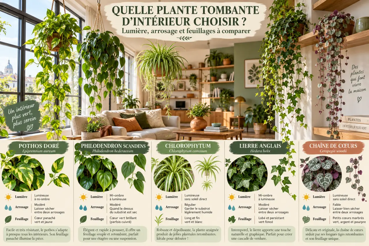 Quelle plante tombante d’intérieur choisir ? Lumière, arrosage et feuillages à comparer