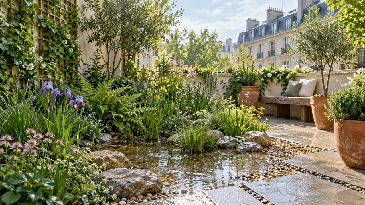 Petit patio végétalisé accueillant un jardin de pluie avec des plantes locales