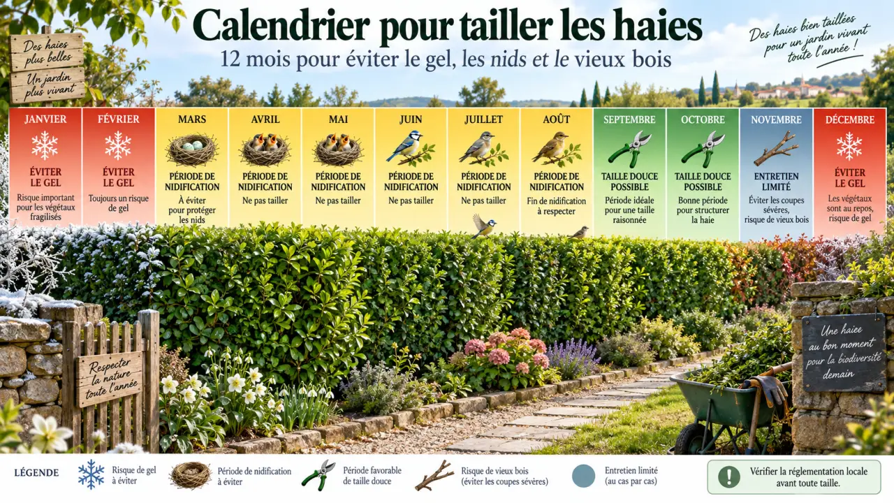 Calendrier pour tailler les haies : 12 mois pour éviter le gel, les nids et le vieux bois