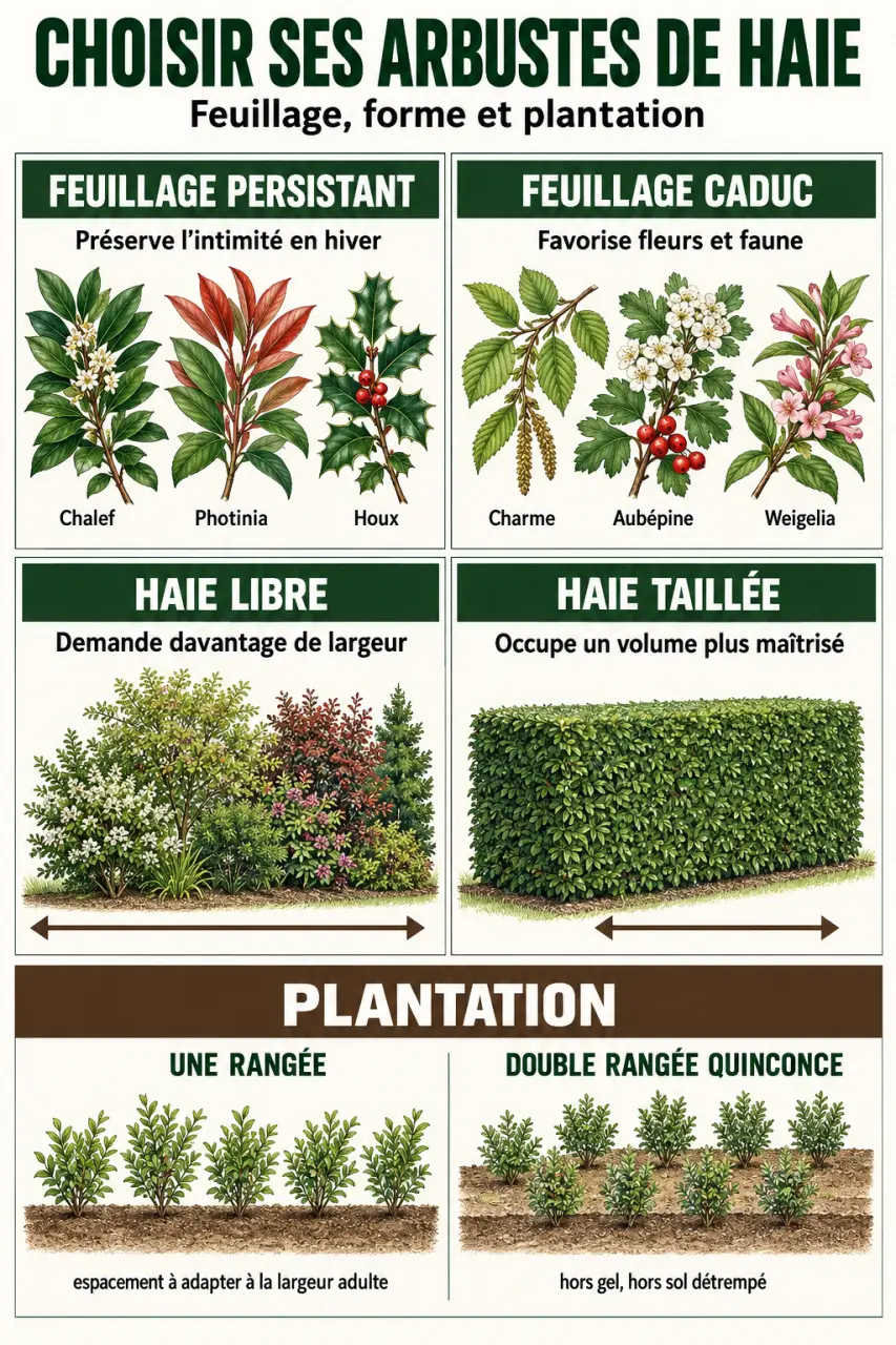 Infographie sur les arbustes des haies persistantes, caduques, libres et taillées