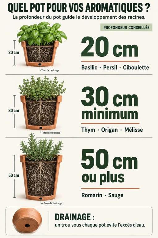 Infographie pour choisir un pot pour plantes aromatiques selon la profondeur nécessaire