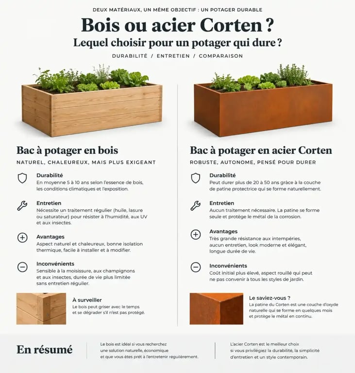 Comparatif matériaux bacs à potager bois vs métal